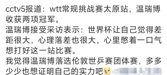 温瑞博太原常规挑战赛双冠登顶世界排名飙升至